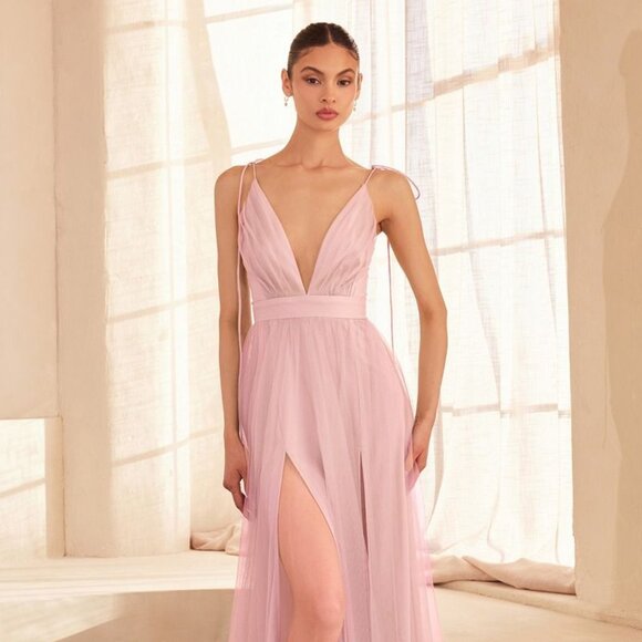 New A-Line Sleeveless Sophisticated Dress w/Plunging Neck & Double Slit CD SE005 - Picture 1 of 6